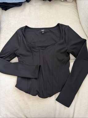 Express Body Contour Black Scoop-Neck Panel Seam Long Sleeve Top